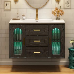 Merax Badschrank 76cm, schwarz Holzoptik, wandmontiert. Mit LED-beleuchteten Glastüren, Waschbecken & Stauraum.
