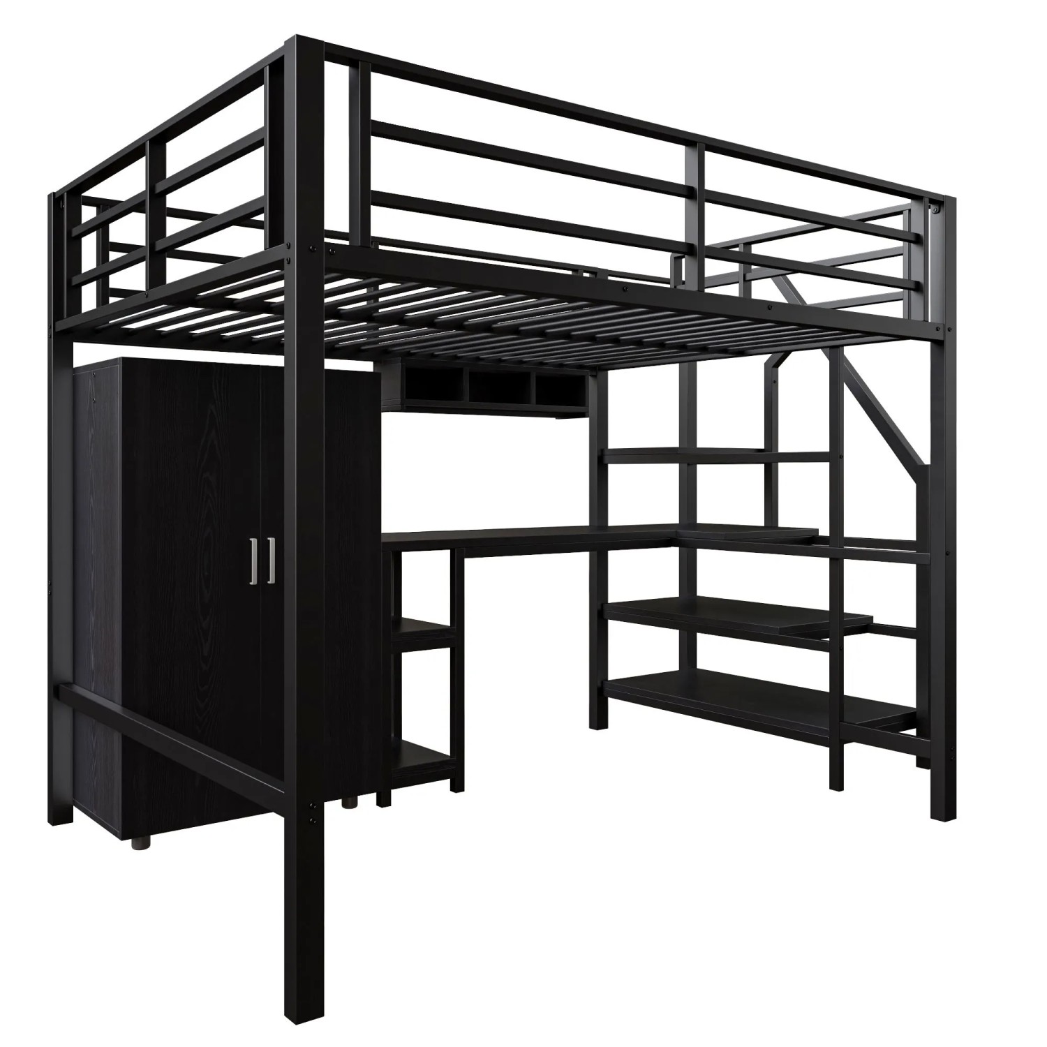 okwish Hochbett 140x200cm mit Kleiderschrank Regalen und Schreibtisch Schwarz ohne Matratze