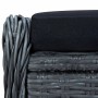 Detailansicht: Dunkelgrauer Poly-Rattan Gartensessel mit schwarzem Kissen. Materialstruktur des verstellbaren Gartenstuhls.