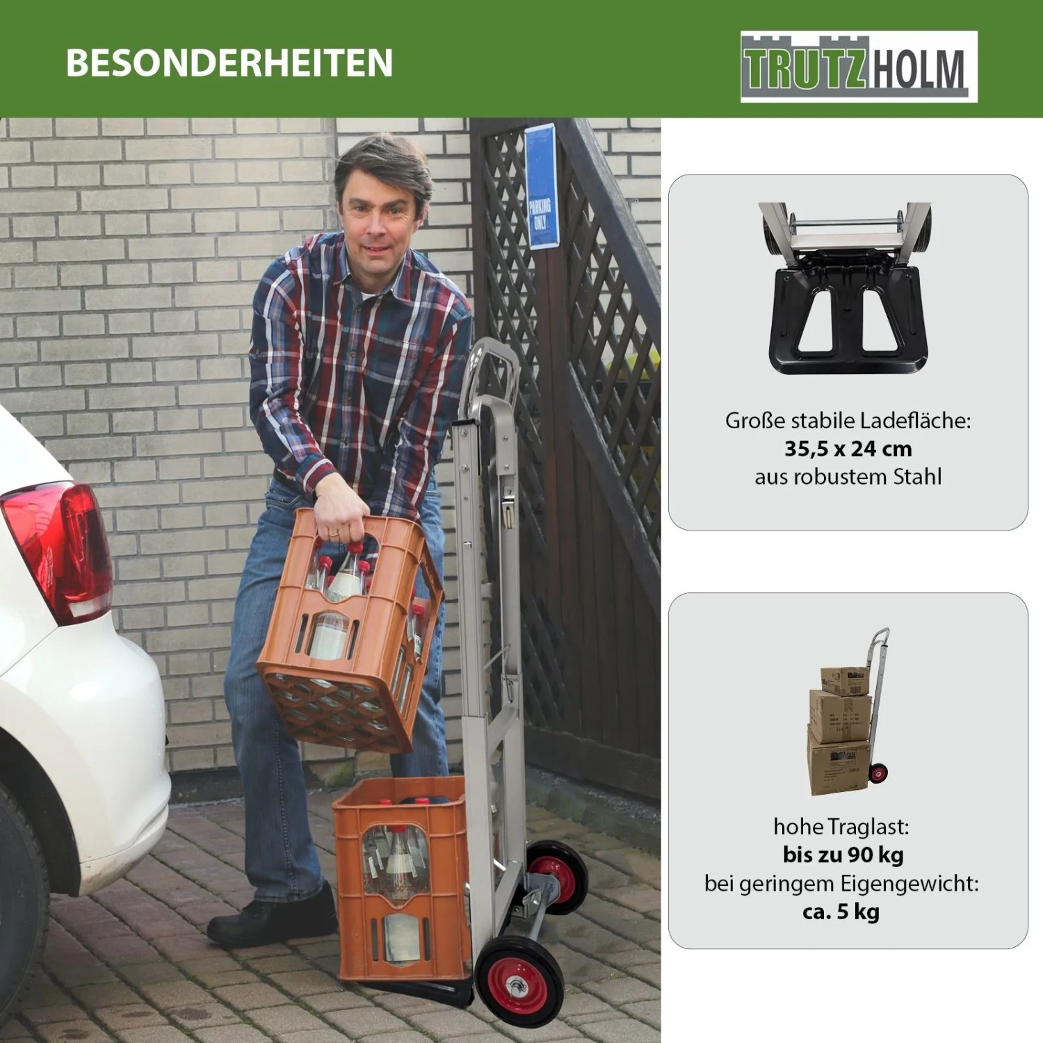 TRUTZHOLM klappbare Sackkarre aus Aluminium mit Mann beim Beladen von Getränkekisten.