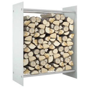 Weißes VidaXL Brennholzregal (80x35x100 cm) aus Hartglas, gefüllt mit Holzscheiten.
