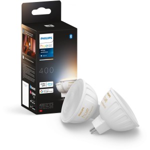 Philips Hue LED-MR16 2er-Pack mit 2 GU5.3 Lampen und Produktverpackung.