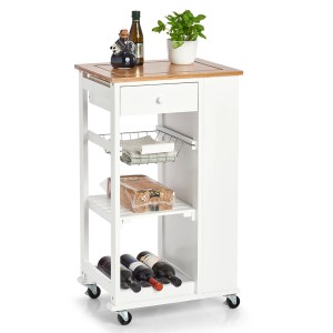 Weißer Küchenrollwagen aus Bambus/MDF/Metall mit Schublade, Ablagen und Rollen (50x37x86,5cm).