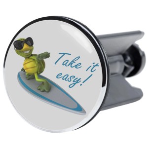 Sanilo Waschbeckenstöpsel mit Schildkröte und "Take it easy" Schriftzug.