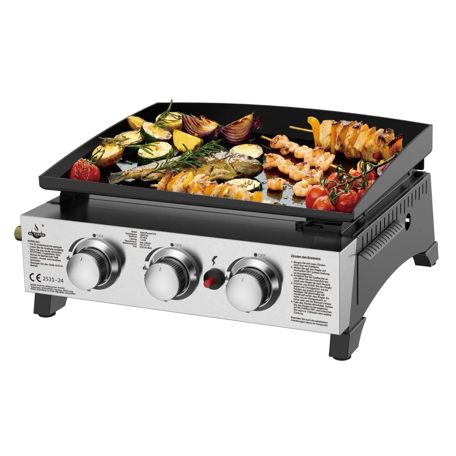 El Fuego Plancha Austin III Gasgrill mit Grillplatte und Speisen wie Gemüse und Fleisch.