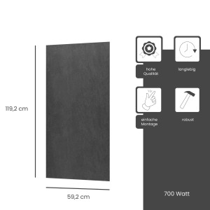 Fenix Infrarotheizung ECOSUN mit Steinoberfläche in Anthrazit, 700W, Maße 119,2 x 59,2 x 4,0cm.