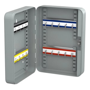 Geöffneter, grauer Basi Schlüsselschrank SK 50 mit 20 Haken und Hebelschloss. Tresor zur Schlüsselaufbewahrung.