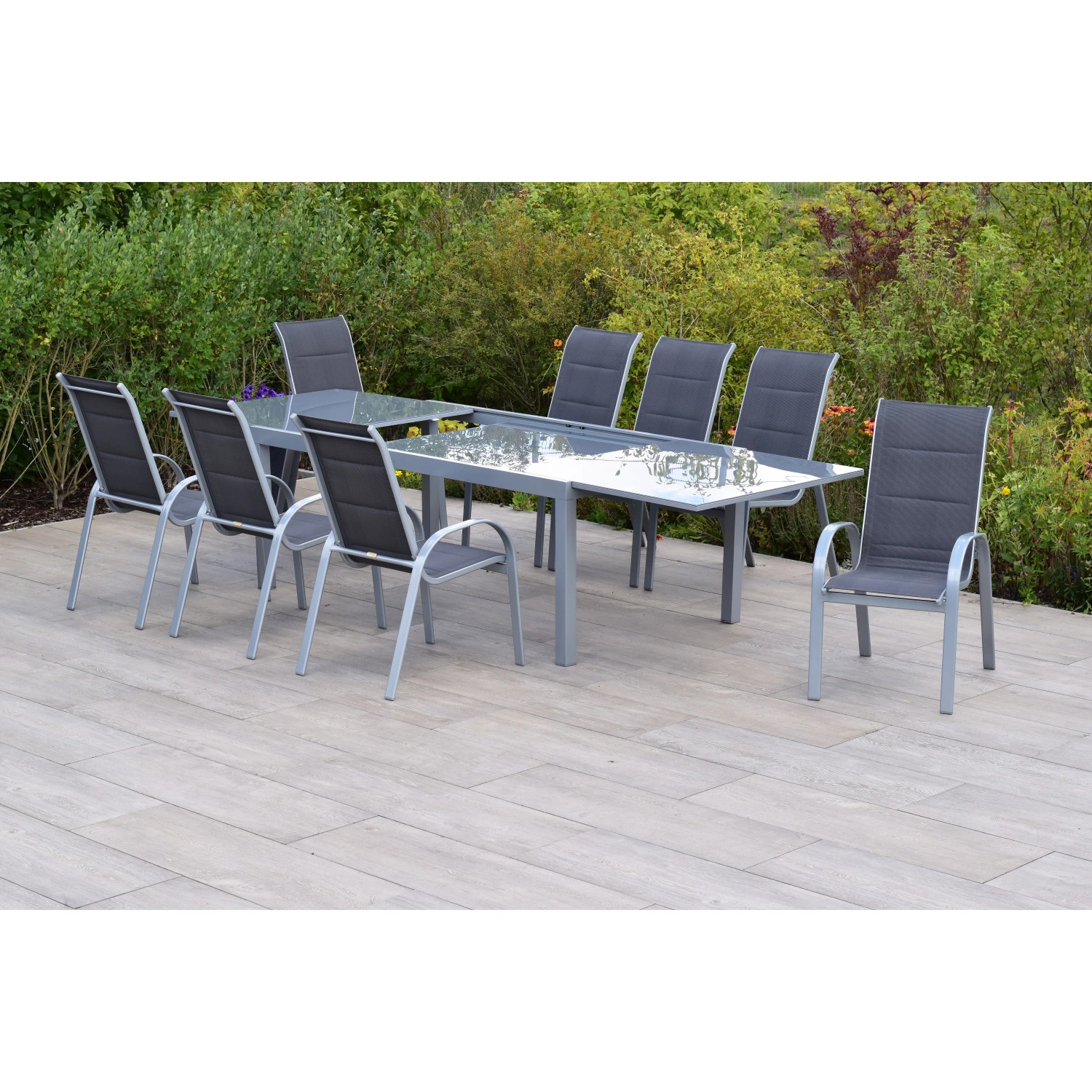 Merxx Amalfi di Lusso Gartenmöbel-Set mit 8 Stapelsesseln und Ausziehtisch 200/300x100 cm.