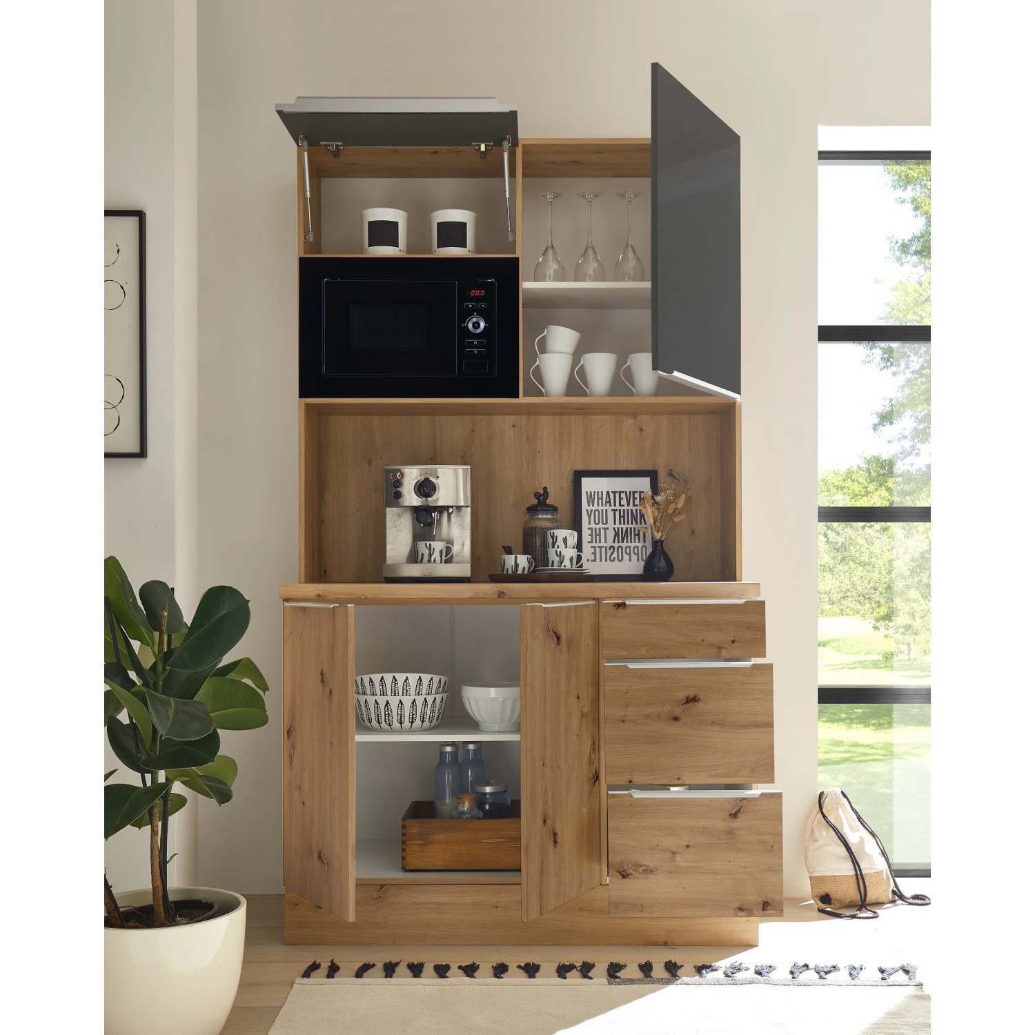 Respekta Buffet mit Mikrowelle in Artisan-Eiche/Grau, Teil der Küchenzeile Marleen. Single-Küche mit viel Stauraum.