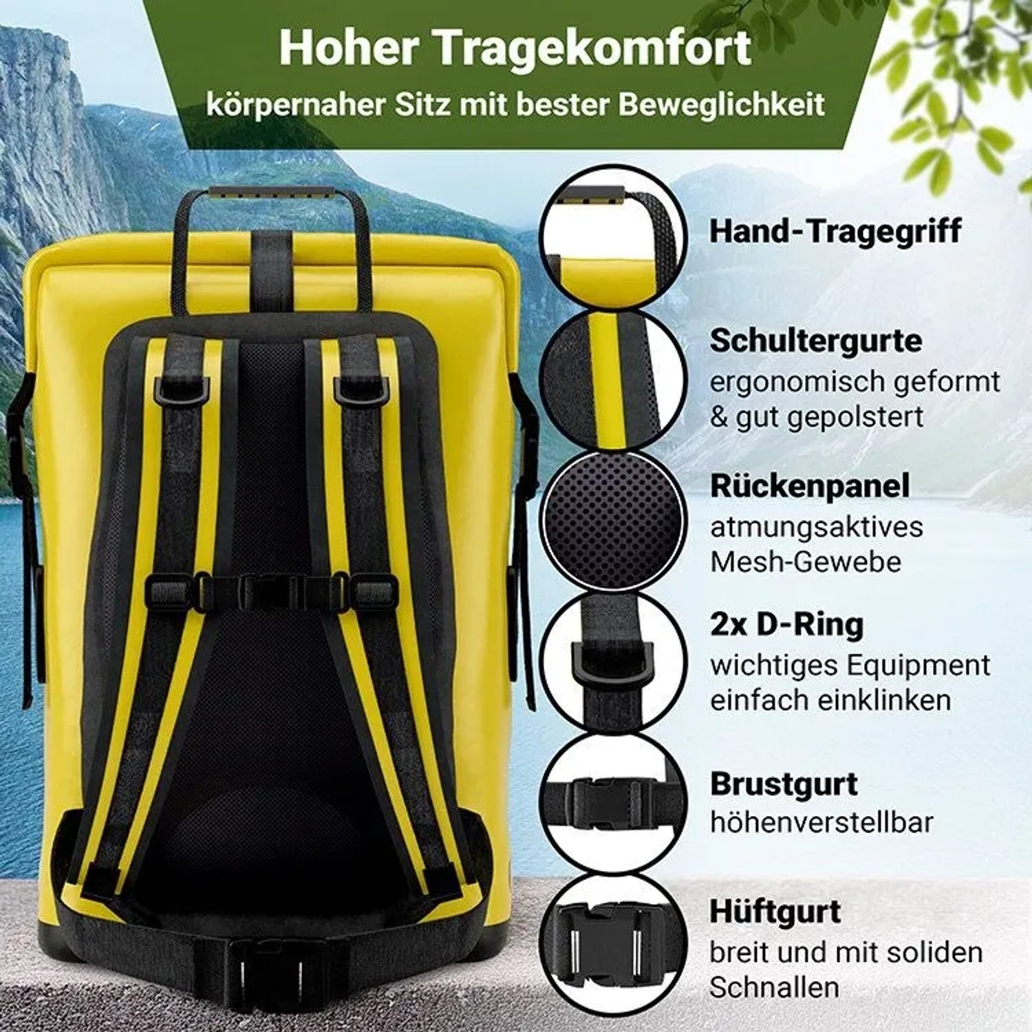Gelber SCANDIC NATURE Rucksack Pioneer, Rückansicht mit gepolsterten Schultergurten, atmungsaktivem Rückenpanel, Brust- und Hüftgurt.