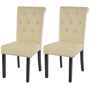 2er-Set Polsterstühle im Chesterfield-Stil, creme Kunstleder, dunkle Beine und Ziernieten.