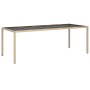 Beige 9-tlg. Garten-Essgruppe aus Rattan mit Glasplatte und Kissen.