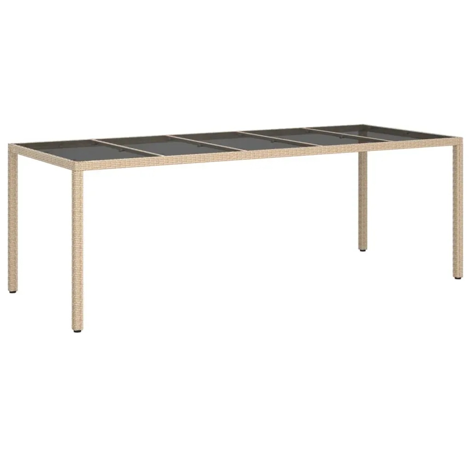 Beige 9-tlg. Garten-Essgruppe aus Rattan mit Glasplatte und Kissen.
