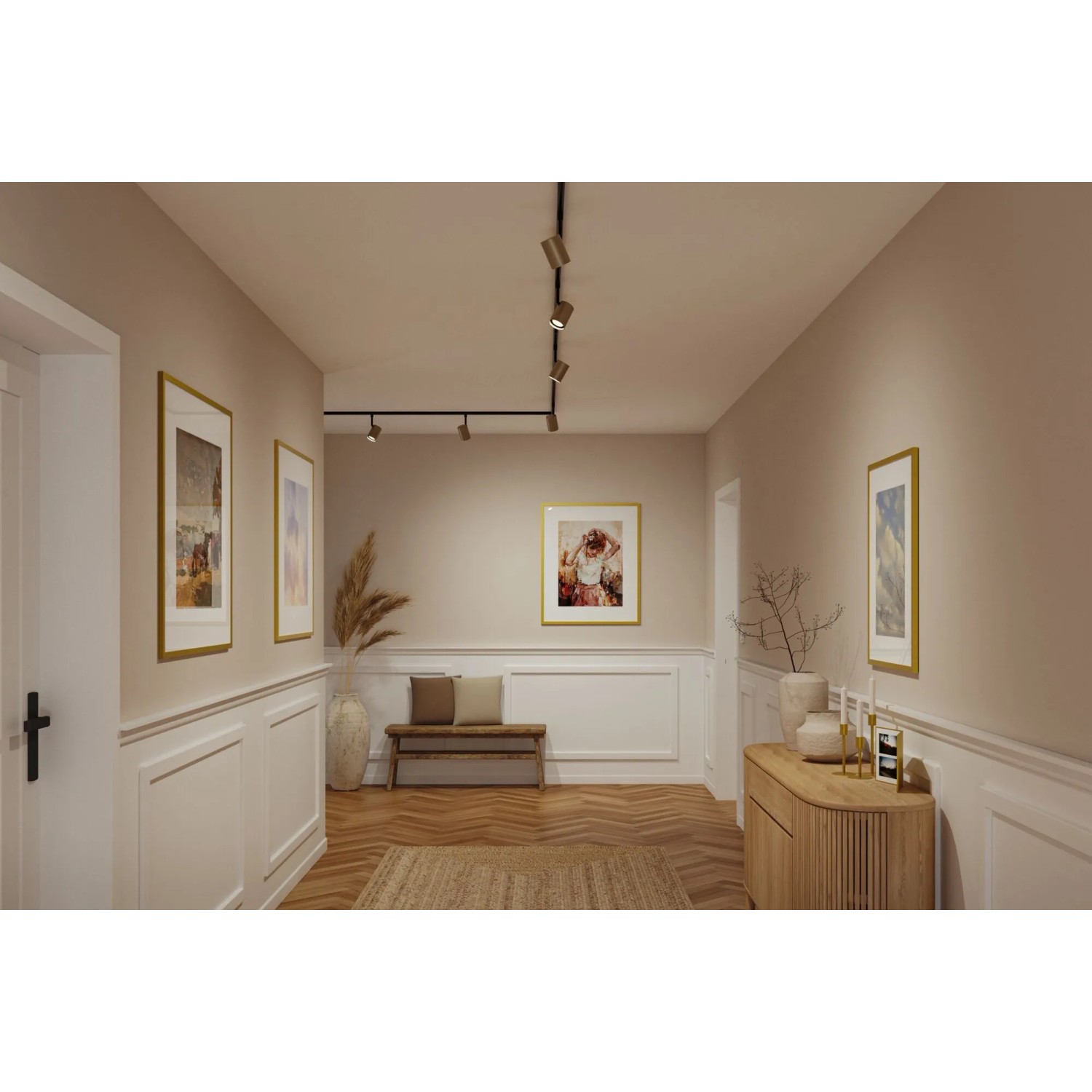 Paulmann URail Schienenspot Luxe Gold Matt Schwarz an schwarzer Schiene im modernen Flur. Elegante LED-Beleuchtung.