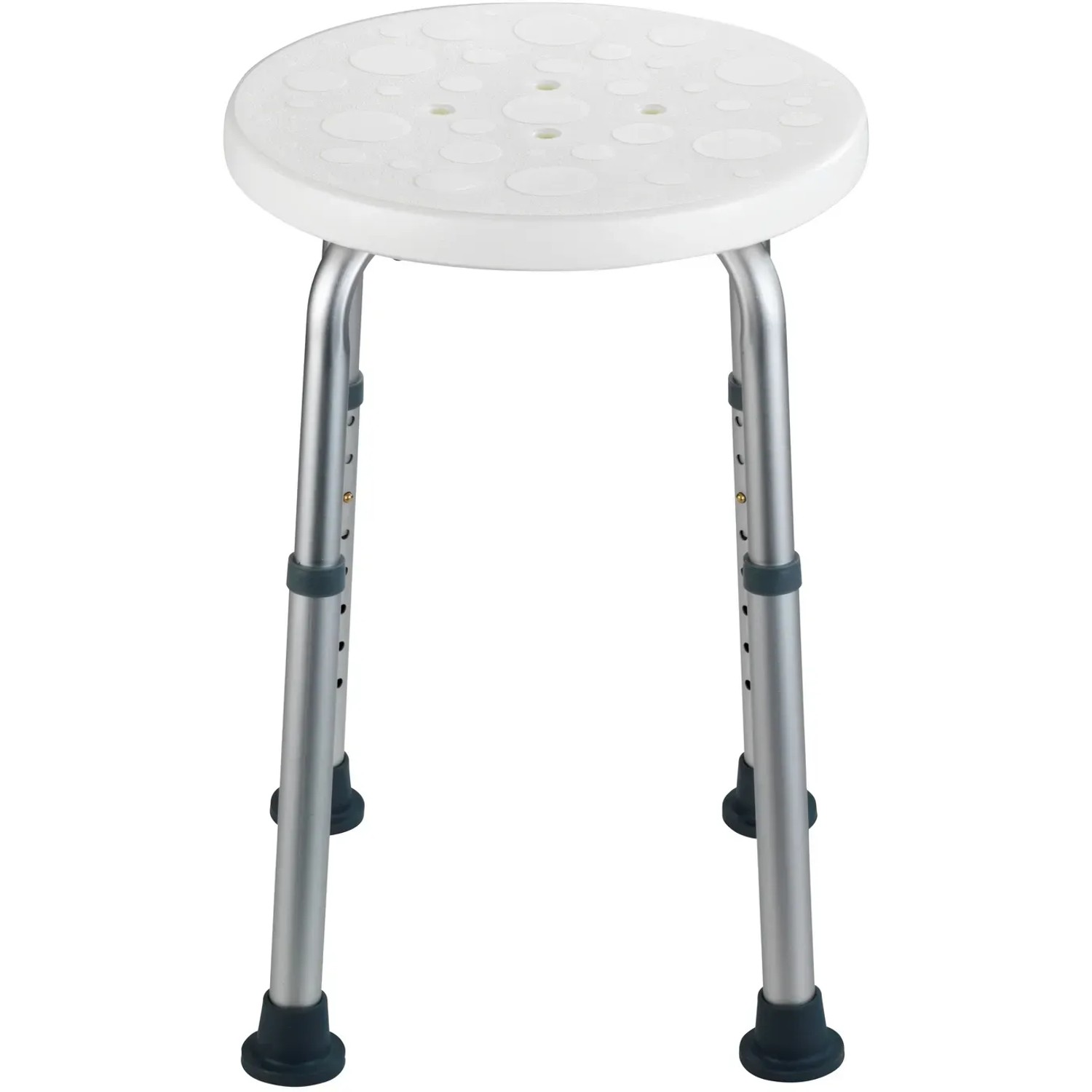 Höhenverstellbarer, weißer Wenko Duschhocker Secura mit Aluminiumbeinen und runder Sitzfläche.