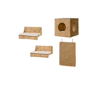 Rohrschneider Kletterwand für Katzen mit Wandhöhle, Kratzbrett und zwei Liegeflächen aus Naturfaser.