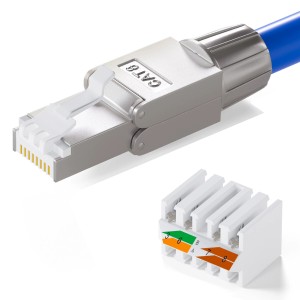 CAT 8 RJ45 Netzwerkstecker mit vergoldeten Kontakten und LSA-Anschluss.