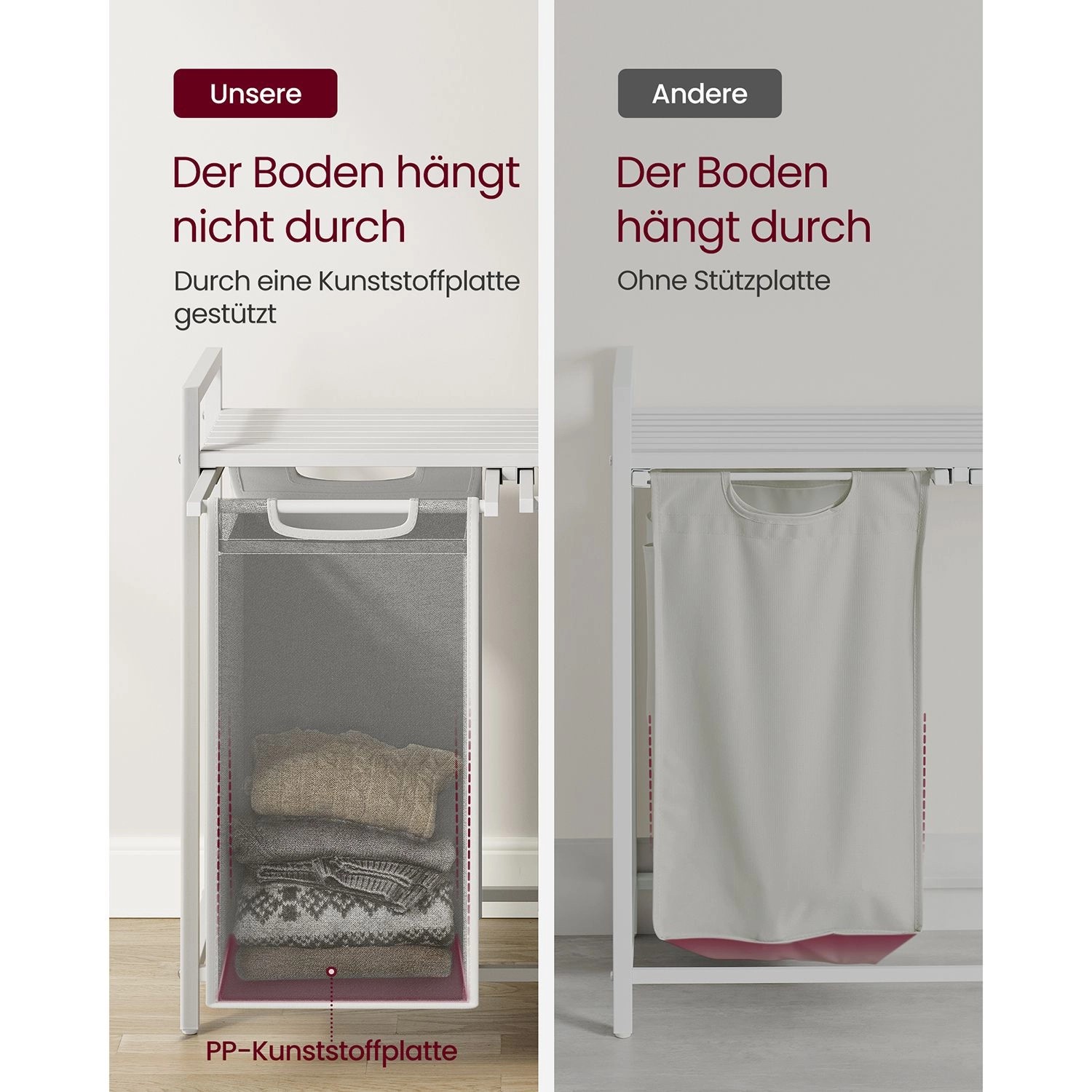 Vasagle Wäschekorb, weiß, mit 2 Fächern und Ablage. Vergleich: Boden mit/ohne Stützplatte.