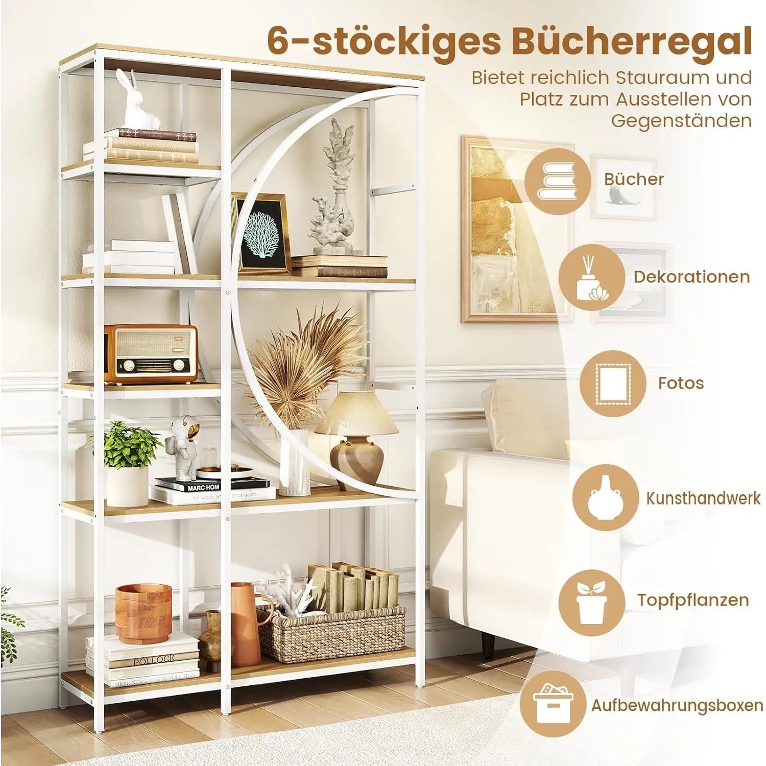 Costway Bücherregal, geometrisch, Holz/Metall, natur, 100x30x177 cm, 6-stöckig.