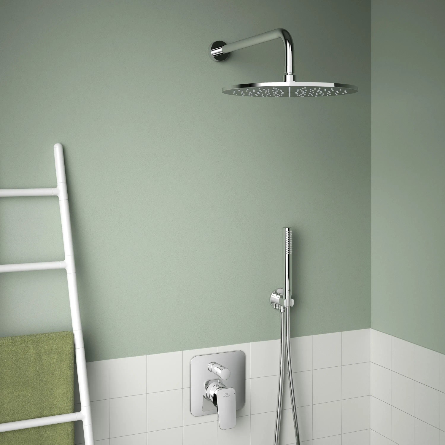 Ideal Standard Brausehalter Idealrain Atelier, rund, Chrom, mit Handbrause und Kopfbrause.