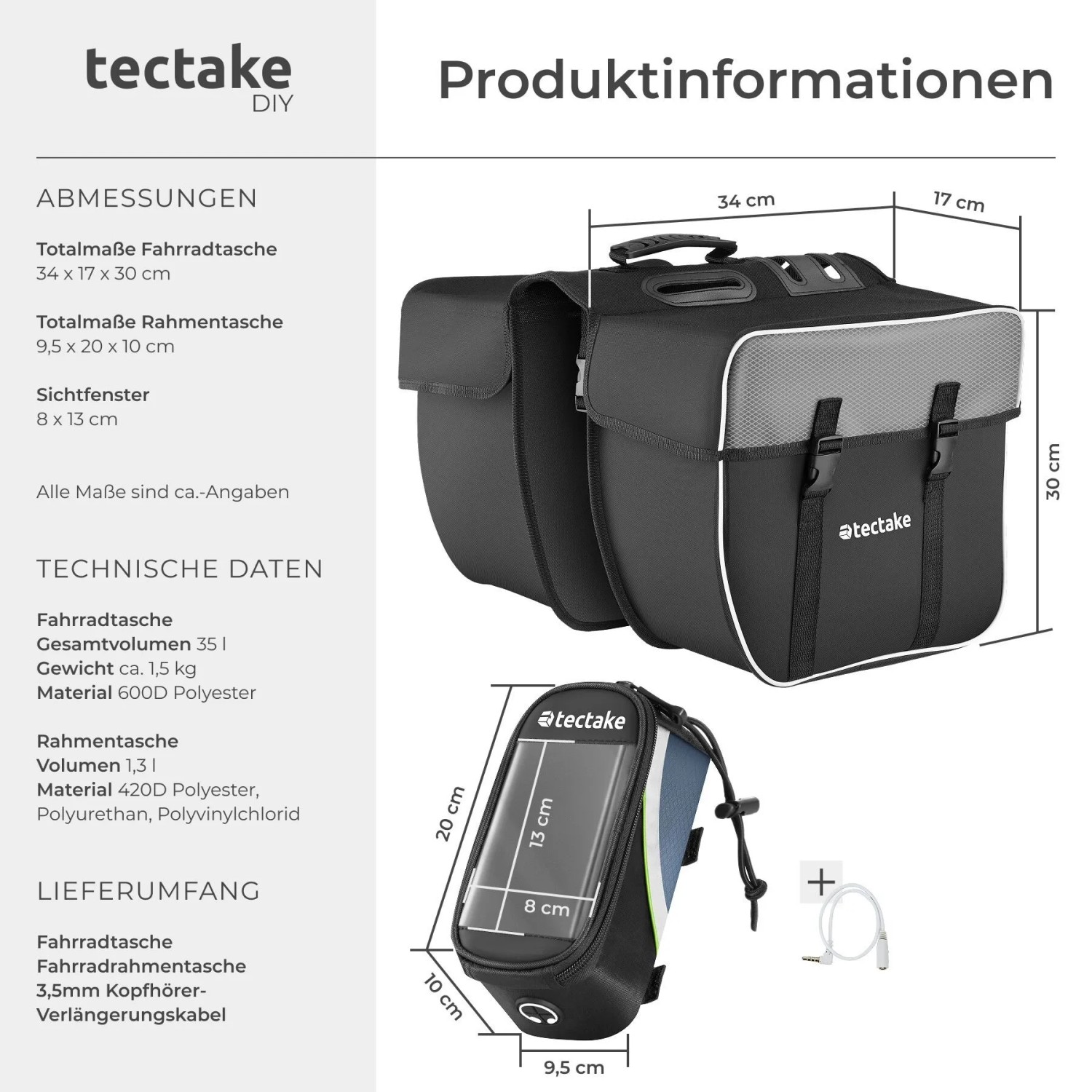 Tectake Fahrradtaschen Set: Gepäckträgertasche und Rahmentasche mit Handyfach.