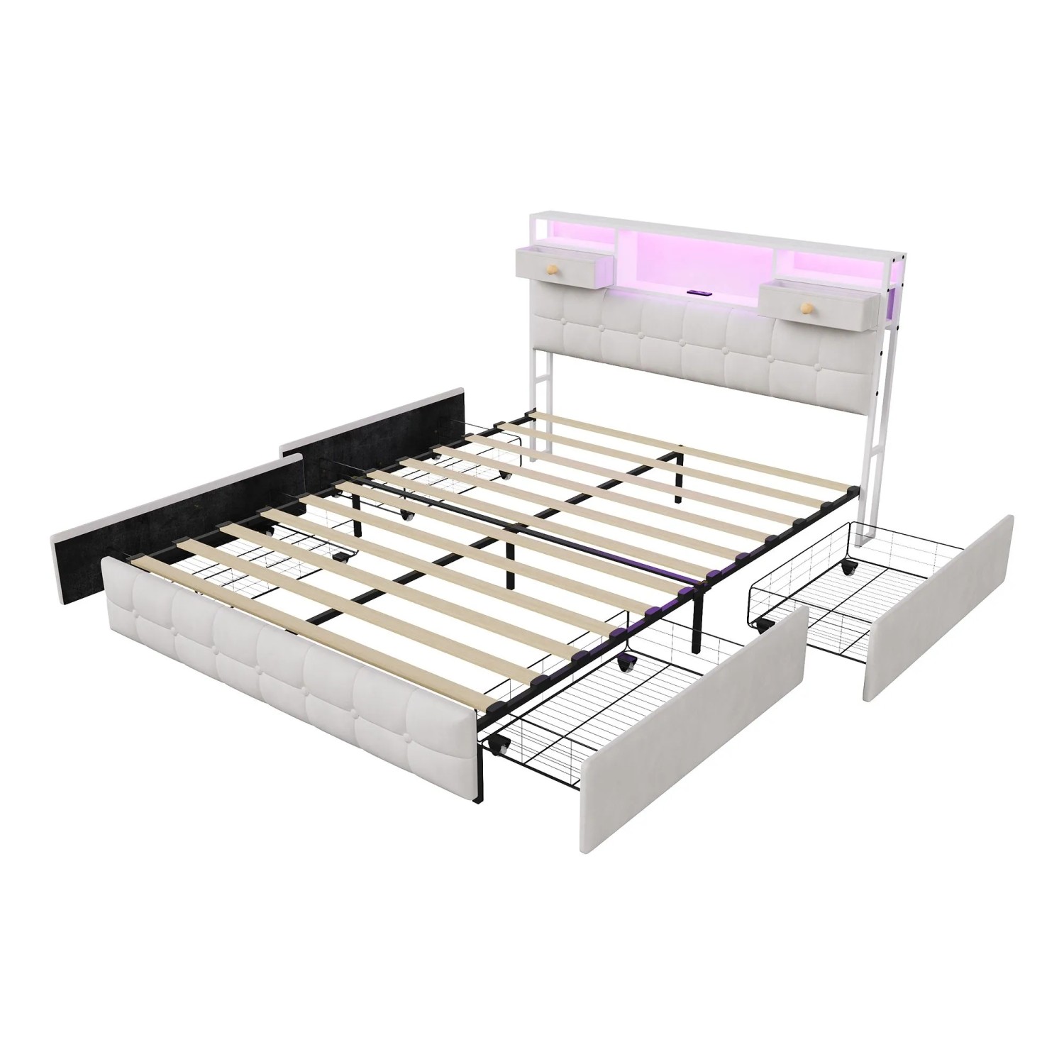 PXloue Polsterbett Schubladenbett 140x200 Samt mit  Schubladen & LED