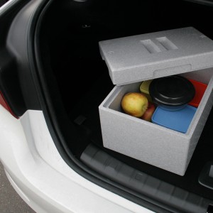 Graue Thermobox (16,5 Liter) im Kofferraum mit Lebensmitteln und Kühlakkus.