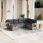 Graue 7-teilige vidaXL Garten-Sofagarnitur aus Polyrattan mit Kissen für Terrasse und Garten.