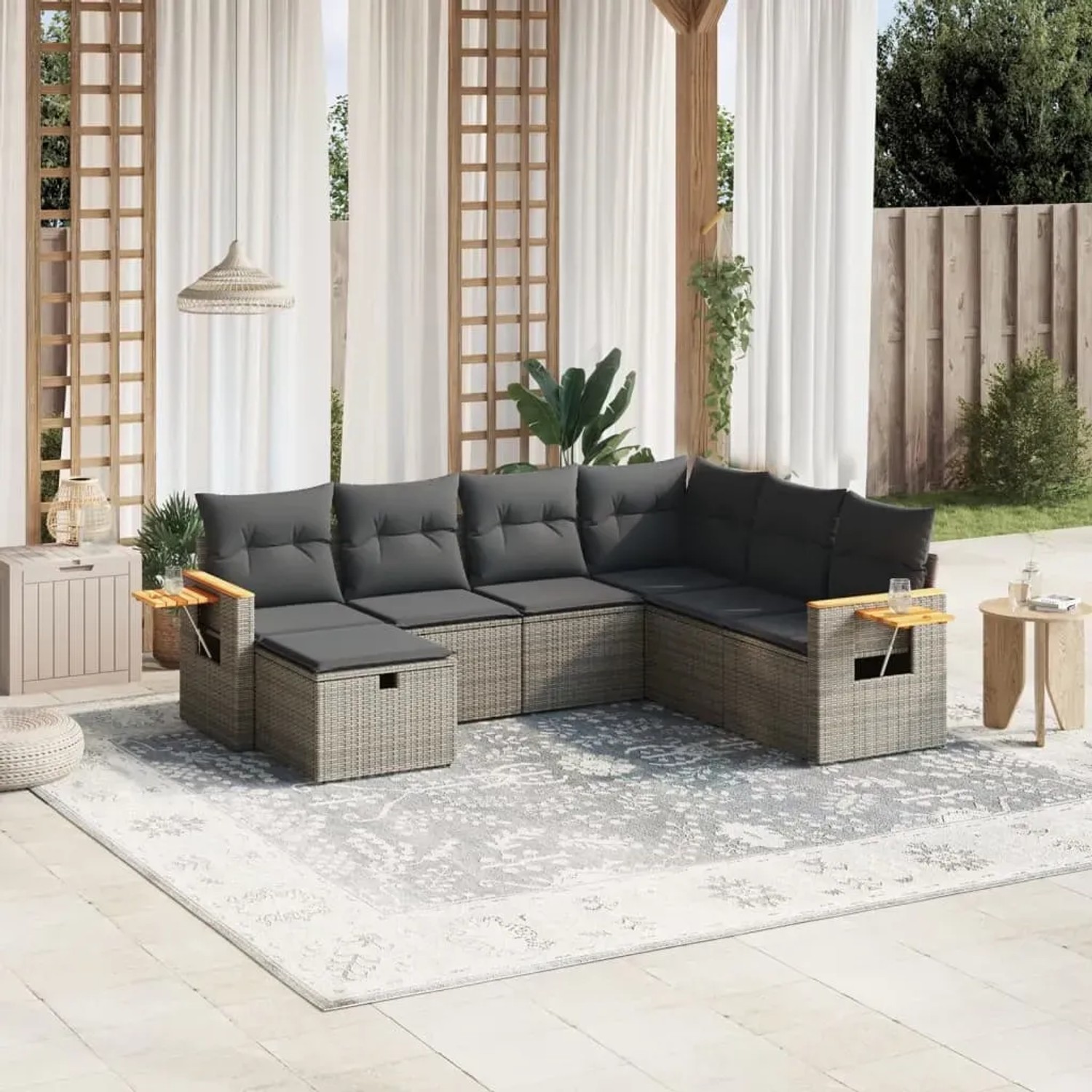 Graue 7-teilige vidaXL Garten-Sofagarnitur aus Polyrattan mit Kissen für Terrasse und Garten.