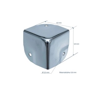 Silberner, verzinkter Eckenschutz aus Metall, 40x40x40 mm, mit Bohrlöchern für Koffer und Boxen.