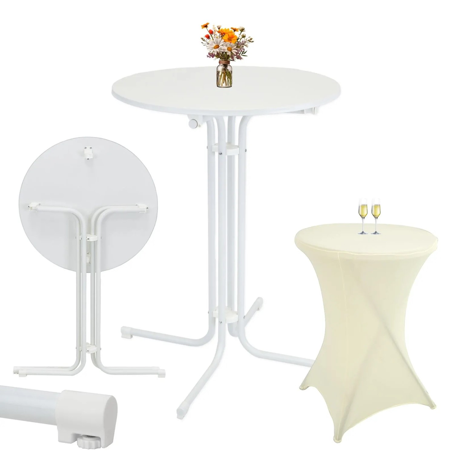 TRUTZHOLM Set Stehtisch Klappbar Durchmesser 80 cm in Weiß & Husse Beige Bügelfrei