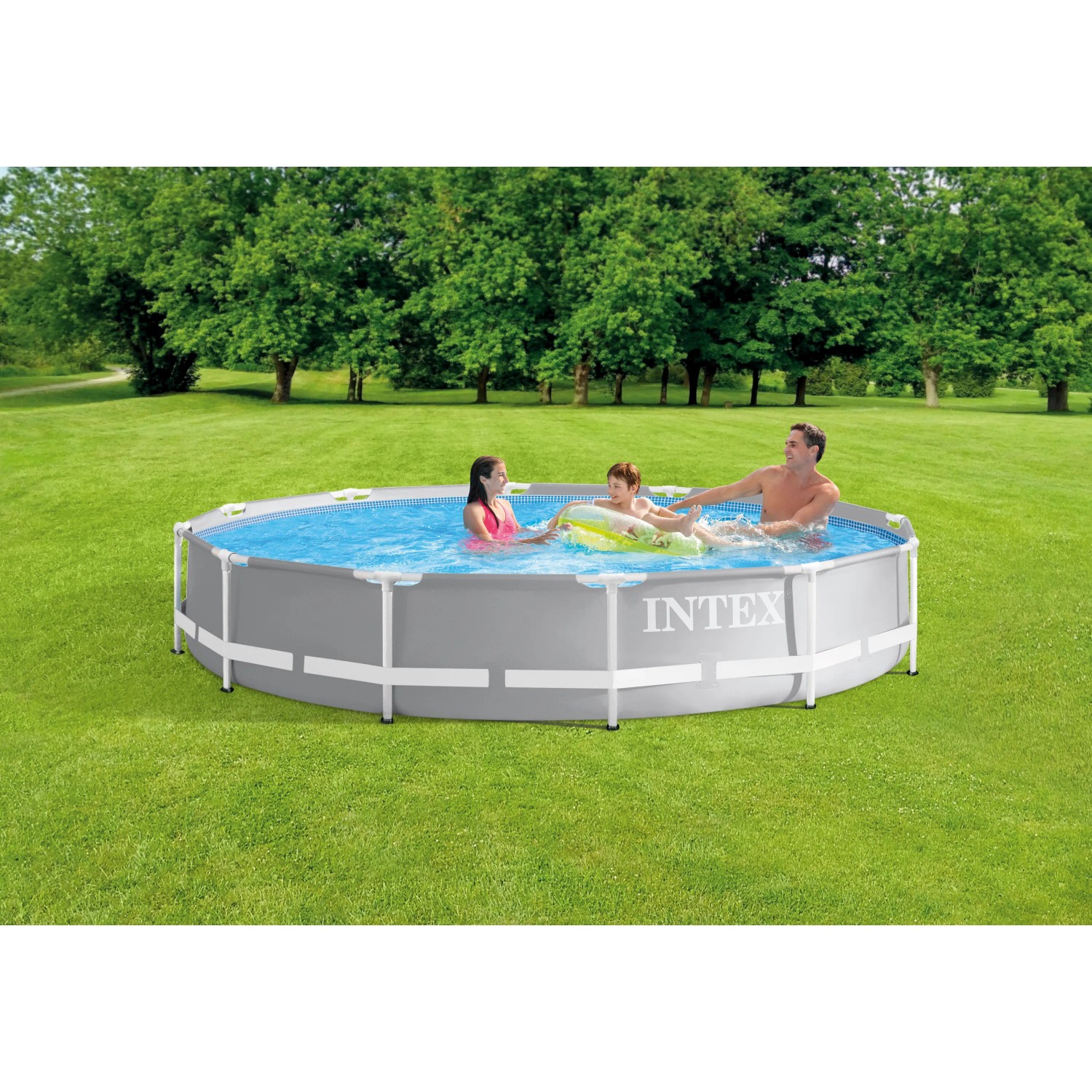 Intex Frame Pool-Set Prism Rondo, Ø 366 cm, grau, mit Familie im Wasser.