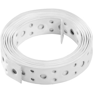 Weißes, pulverbeschichtetes Lochband, 20 mm x 1,5 m, aufgerollt.