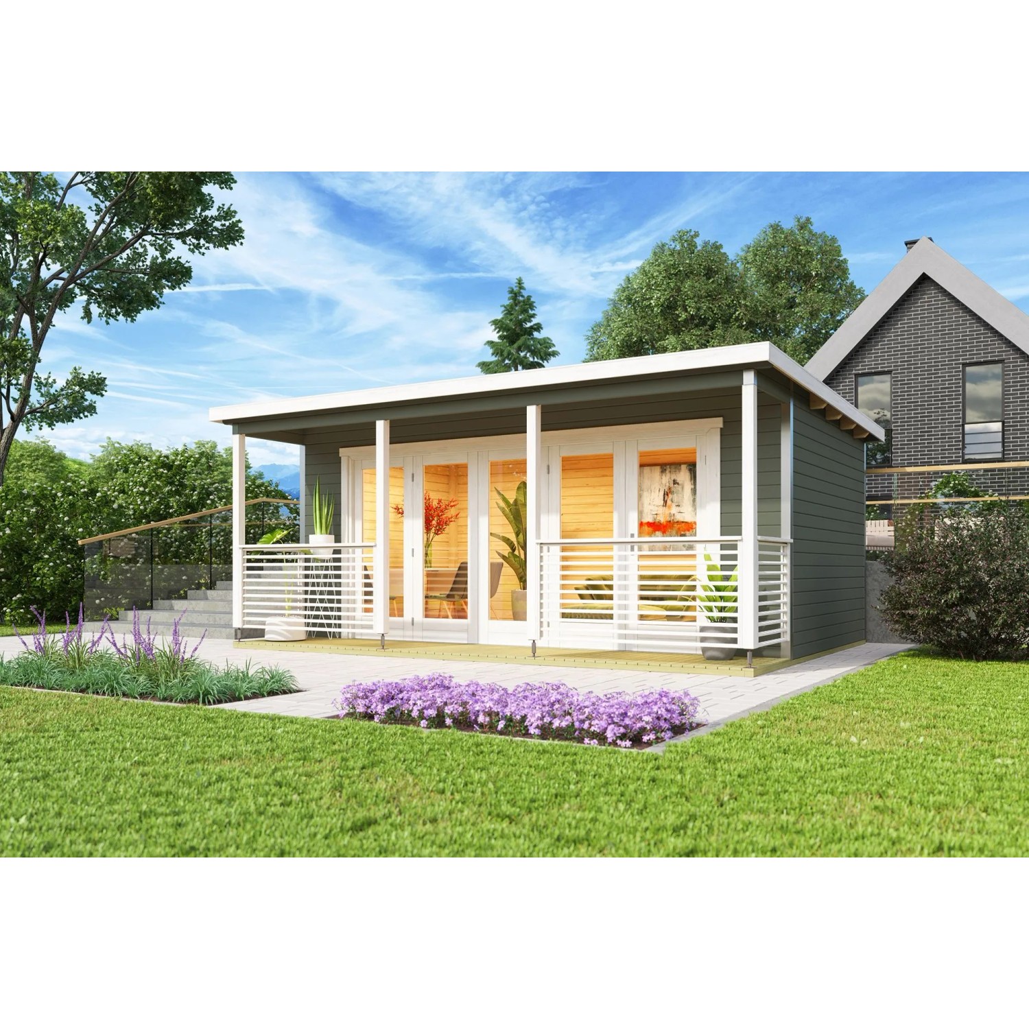 Lasita Holz-Gartenhaus Liverpool 2 Flachdach Grau-Grün Lasiert 550 cm x 300 cm