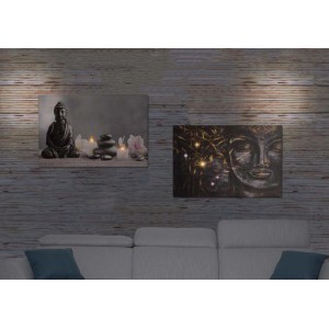 Zwei LED-Leinwandbilder mit Buddha-Motiven, Kerzen und funkelnden Lichtern. Dekoartikel für gemütliche Wohnatmosphäre.