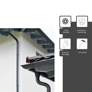 Anthrazitfarbenes Zambelli Dachrinnen Komplettset halbrund mit Fallrohr. Zink-Stahl für Dachentwässerung am Gartenhaus.