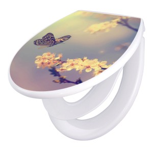 Banjado Familien WC-Sitz mit Absenkautomatik, Motiv Tag im Mai, Schmetterling und Blüten.
