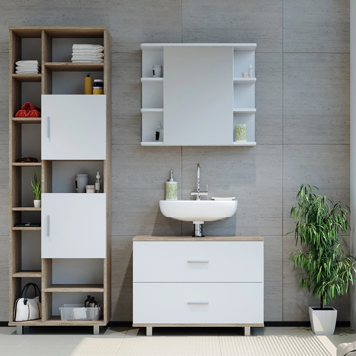 Vicco Badmöbel-Set Ilias, 3-teilig in Sonoma/Weiß mit Unterschrank (80 cm), Spiegelschrank und Hochschrank.