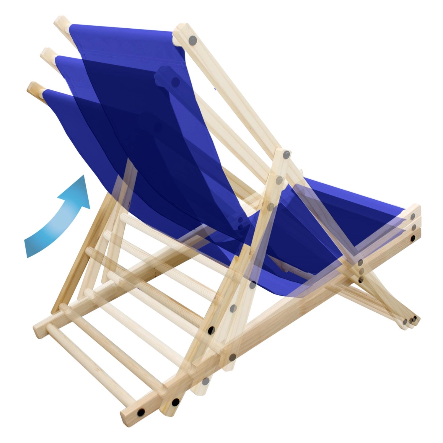 Verstellbarer, klappbarer, blauer Holz-Liegestuhl mit 3 Positionen für Garten, Balkon oder Strand.
