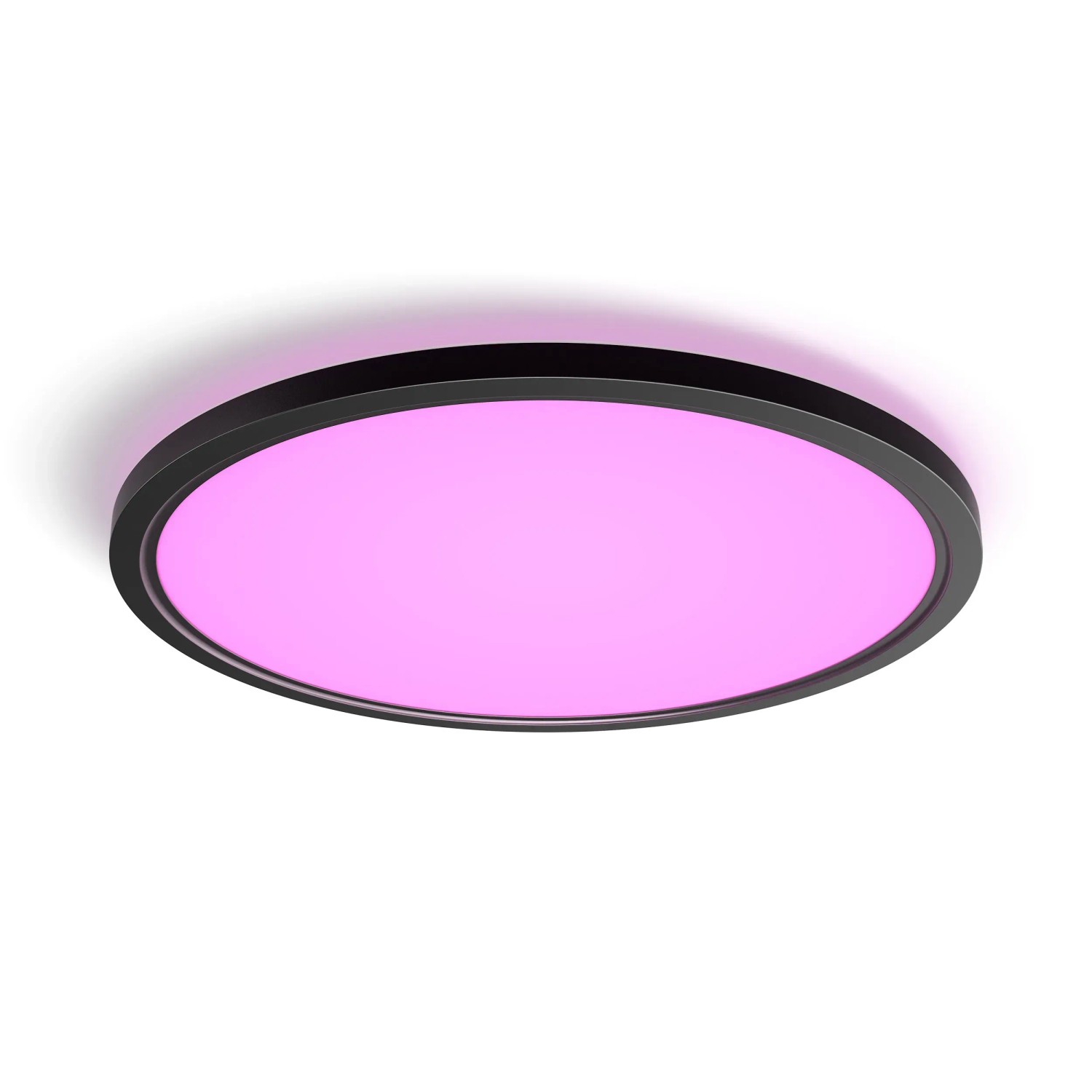 Schwarzes Philips Hue LED-Panel Tento White & Color Ambiance XL mit pinkem Licht, Ø 54,2 cm.