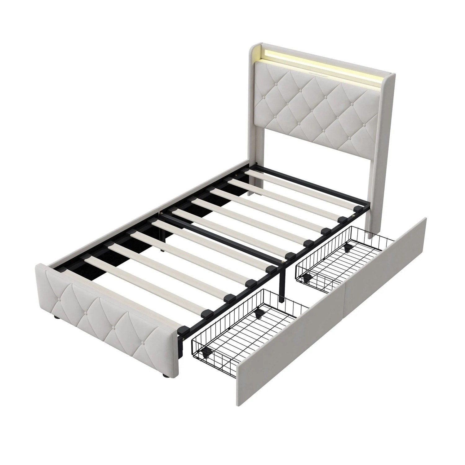 PXloue Polsterbett 90x200 mit LED Ladefunktion  und 4 Rollschubladen Samt