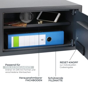 HMF Möbeltresor Anthrazit, offen, zeigt Innenraum mit herausnehmbarem Fachboden, DIN A3 Ordner, Wertsachen und Elektronikschloss.
