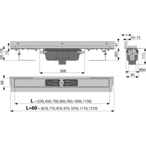 Technische Zeichnung Alcadrain APZ1004 Duschrinne mit Maßen für Installation und Abfluss.