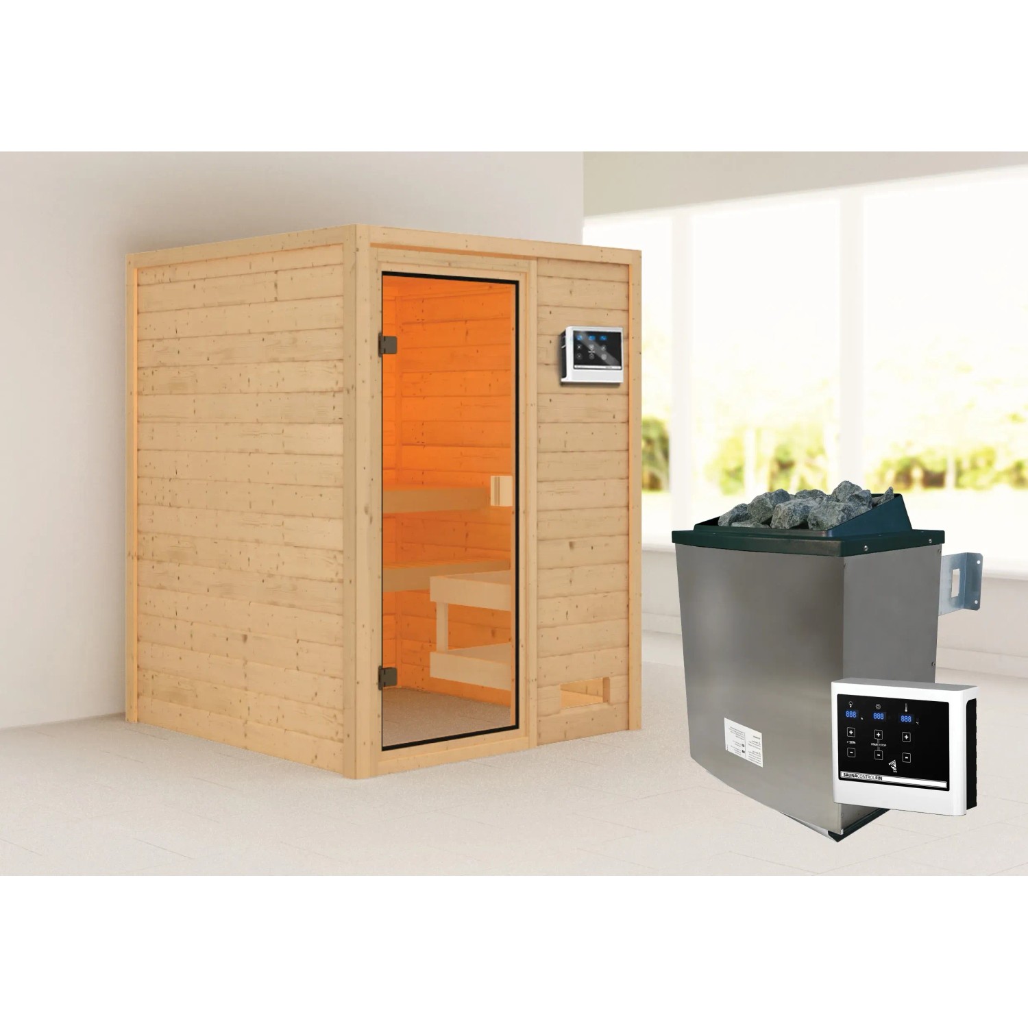 Woodfeeling Sauna Sandra mit Ofen und Glastür. Massivholzsauna für entspannende Stunden.