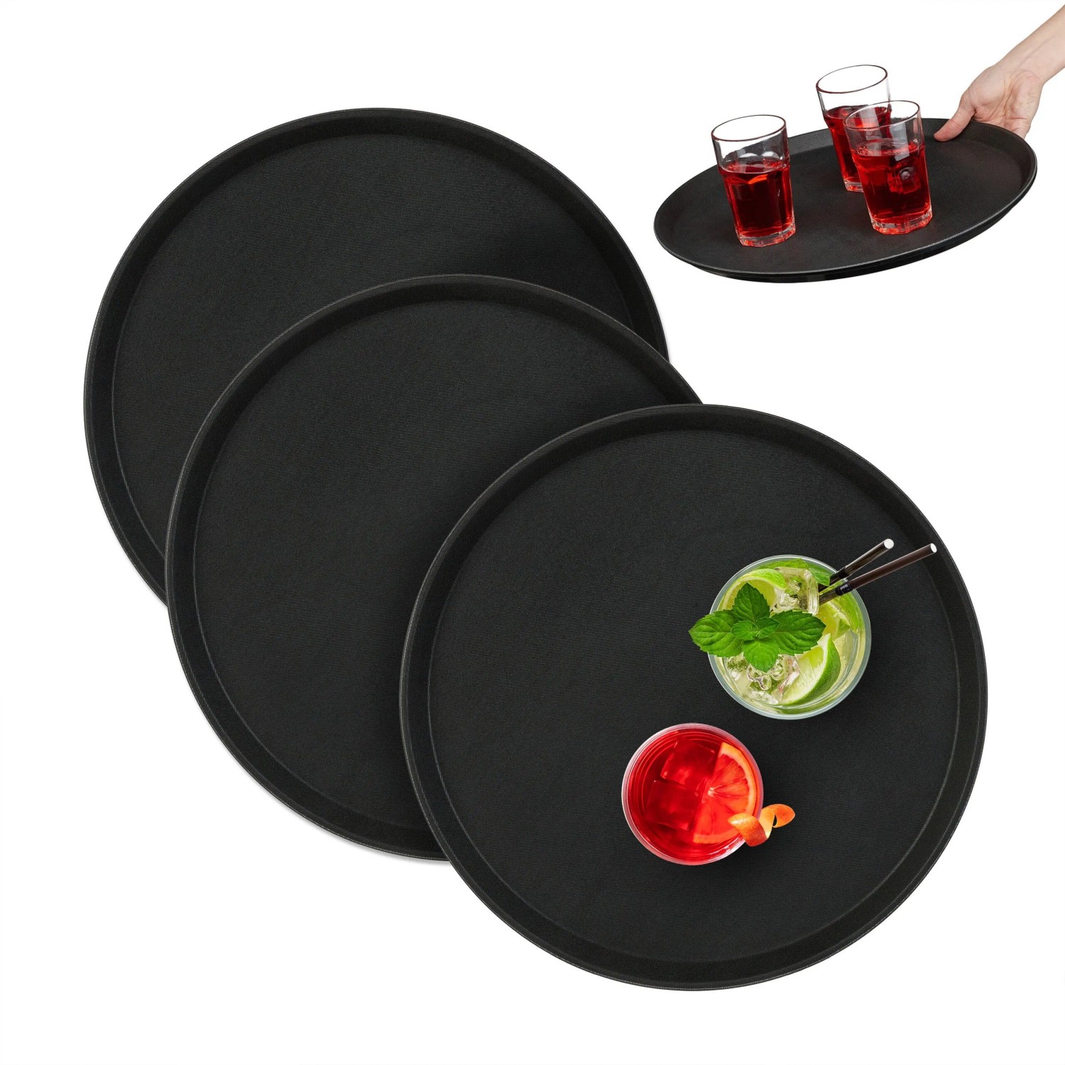 Relaxdays Serviertablett 3er Set Kunststoff Schwarz Rutschfest Stapelbar 2 cm x ø 40 cm 0,8 kg