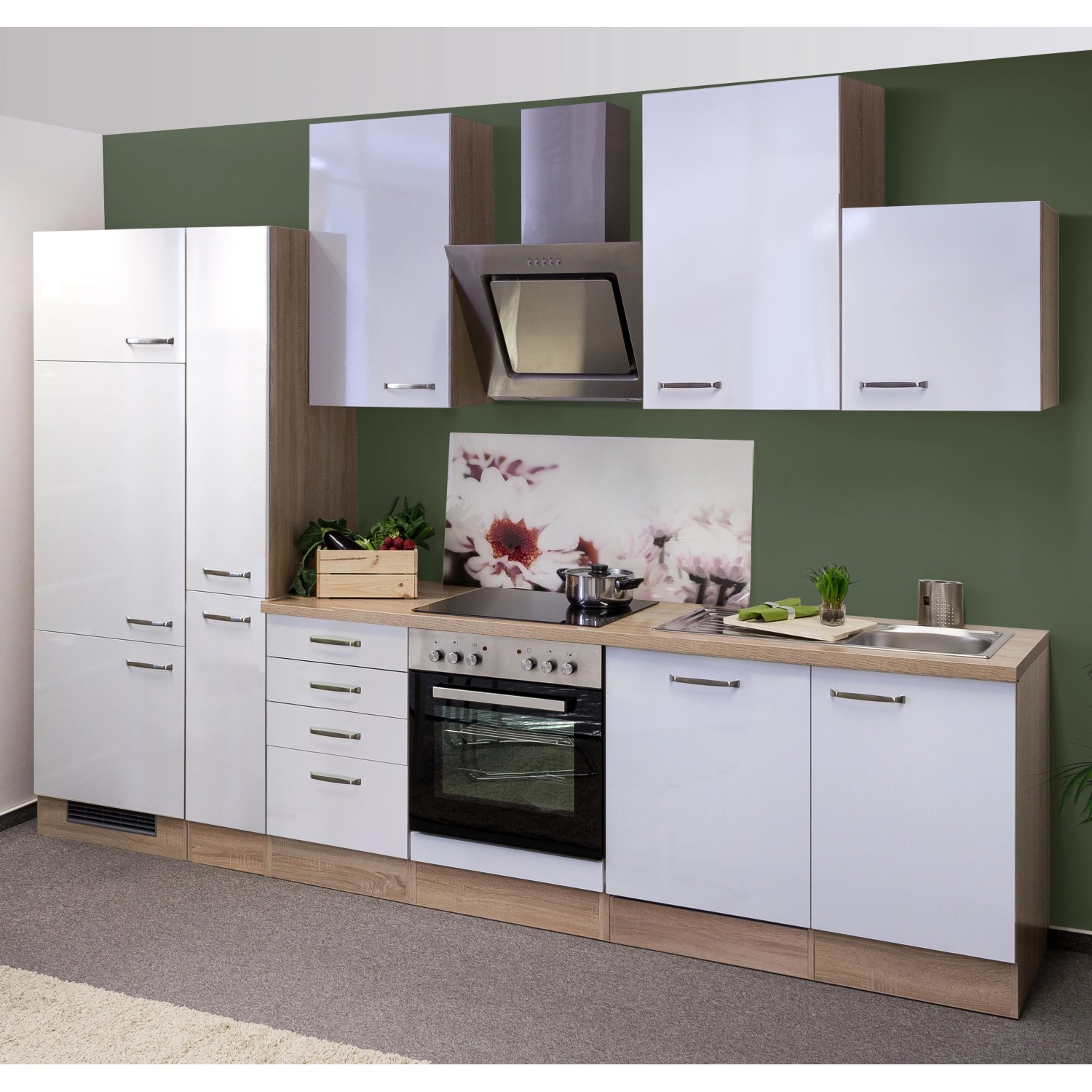 Flex-Well Exclusiv Küchenzeile/Küchenblock Valero 310 cm Hochglanz Weiß-Sonoma Eiche