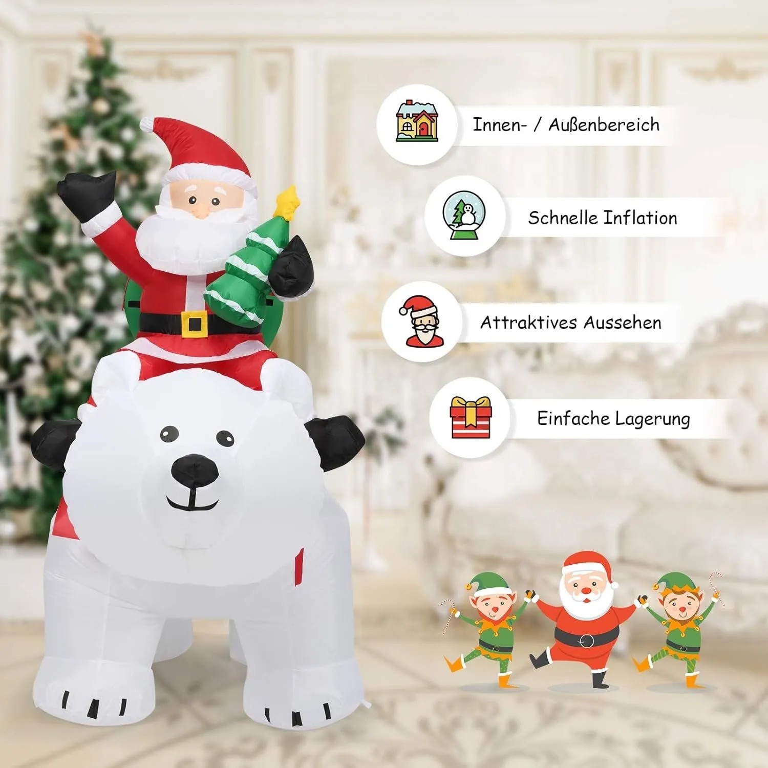 Aufblasbarer Weihnachtsmann auf weißem Eisbär mit Weihnachtsbaum. Große Weihnachtsfigur für Garten & Haus.