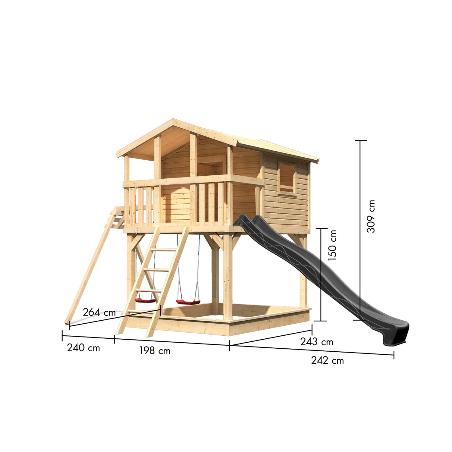 Karibu Stelzenhaus Benjamin mit Rutsche und Doppelschaukel, Holz natur/anthrazit.