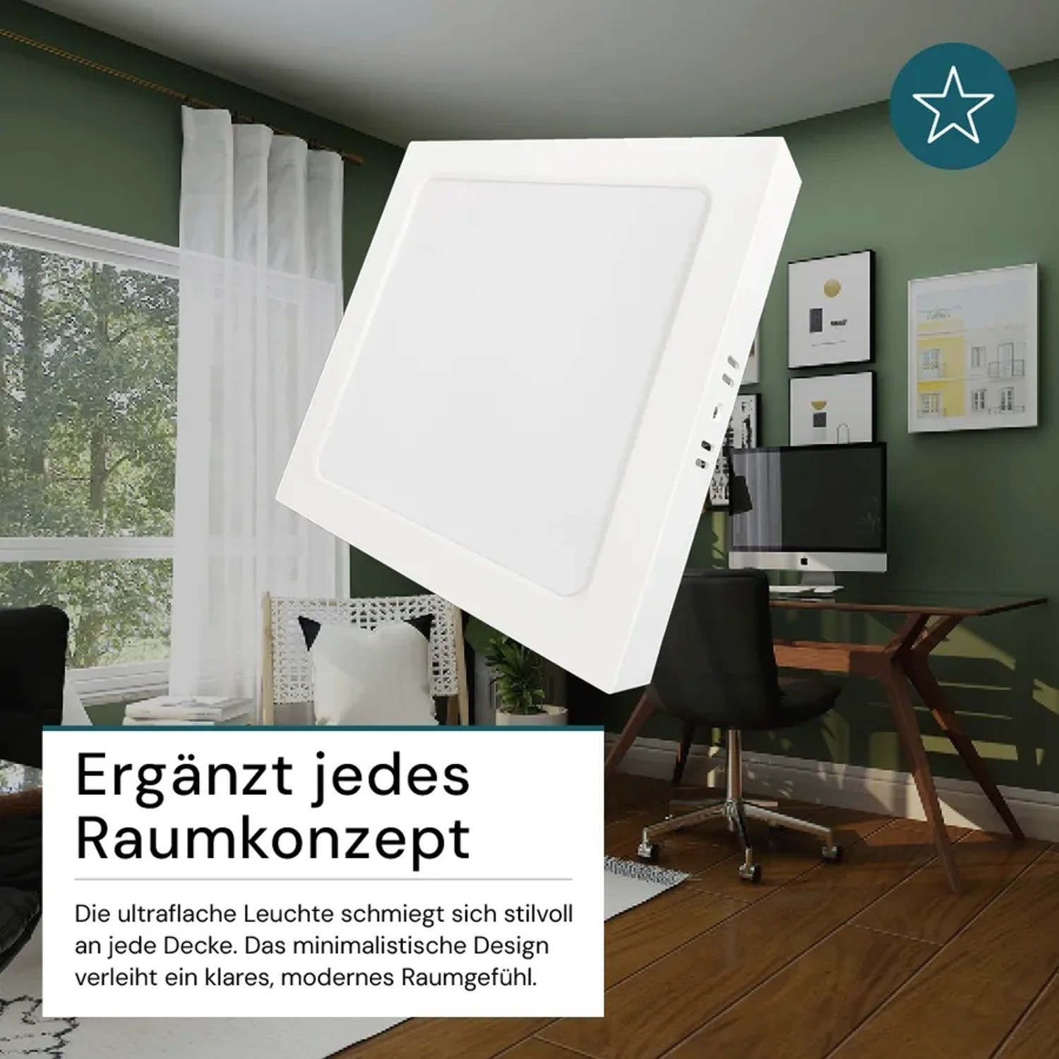 Weiße, eckige LUXULA LED Aufbauleuchte in modernem Raum. Ultraflache Deckenlampe, ideal für Bad & Küche.