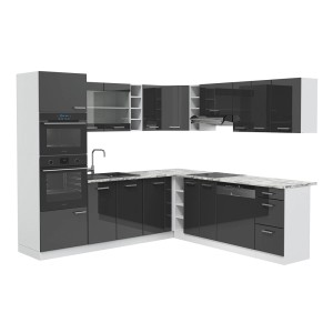 Vicco R-Line Eckküche in Anthrazit Hochglanz/Weiß mit Marmor Arbeitsplatte, 237x60 cm.